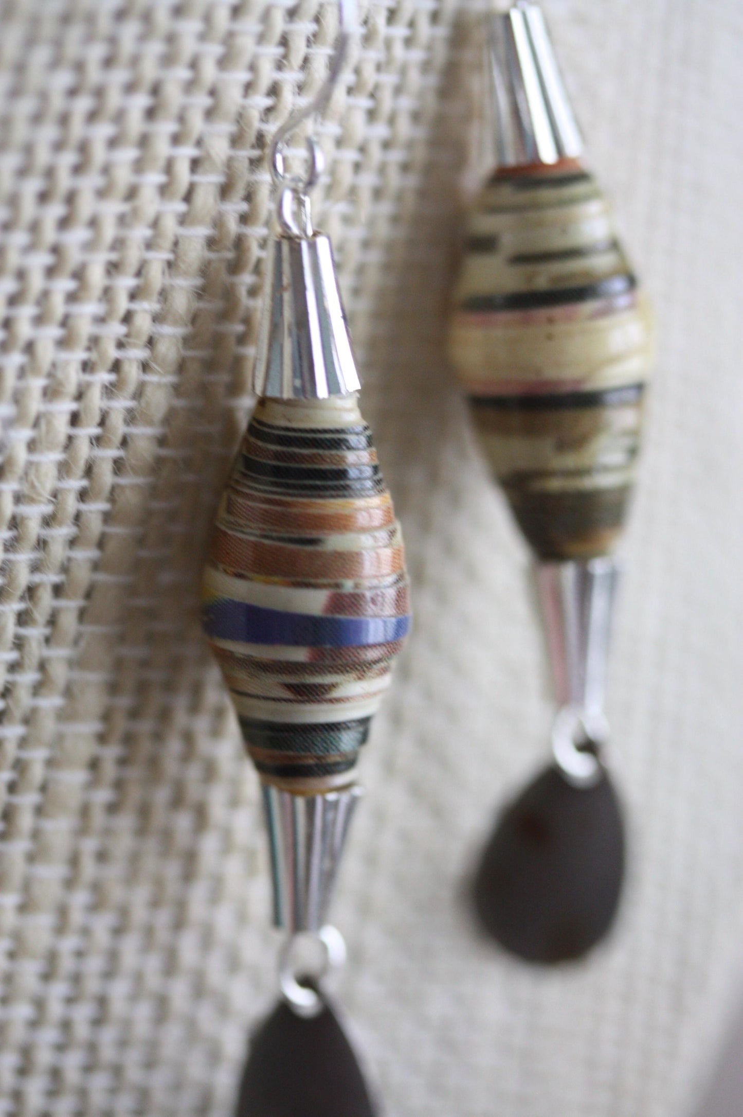 Oval rolled paper with cone metal caps and teardrop dangles - handmade earrings - 2" long