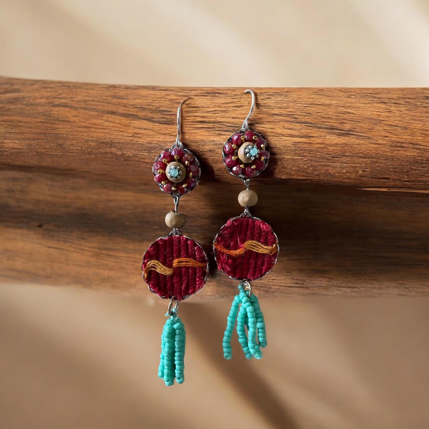 Collage earrings - "Red Sky" - fabric, wood, mixed metals, glass seed beads - sterling silver ear wires