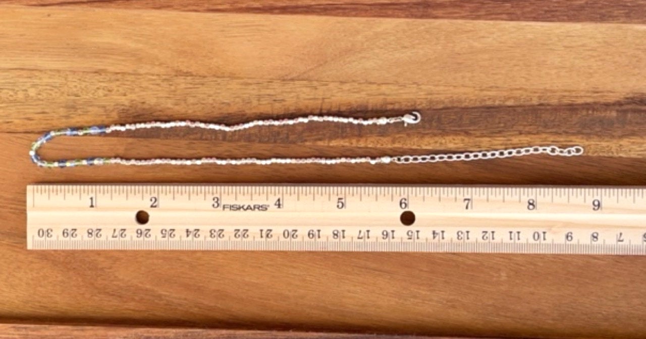 Minimalist necklace - tiny blue and green crystals with tiny silver cubed beads
