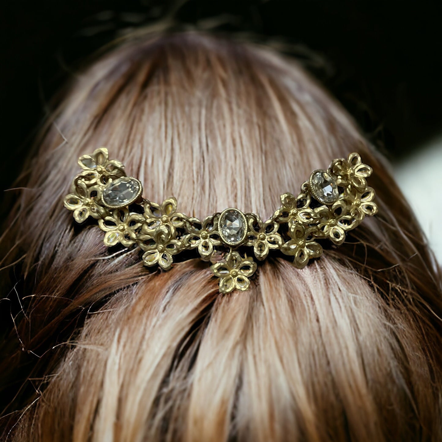 Mixed material upcycled hair accessory - hair clip - gold metal flowers and rhinestones