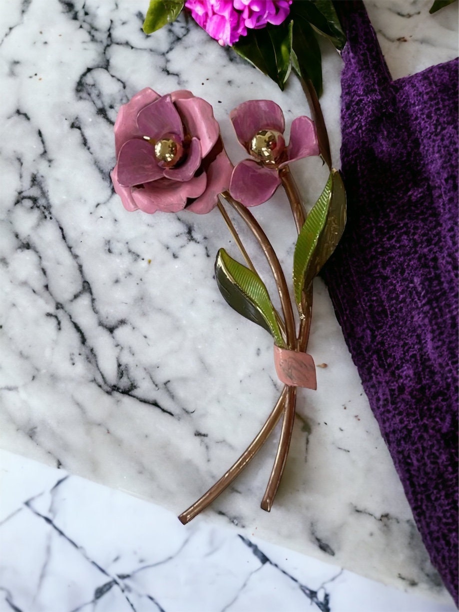 Huge 4" hand painted vintage pink flower pin