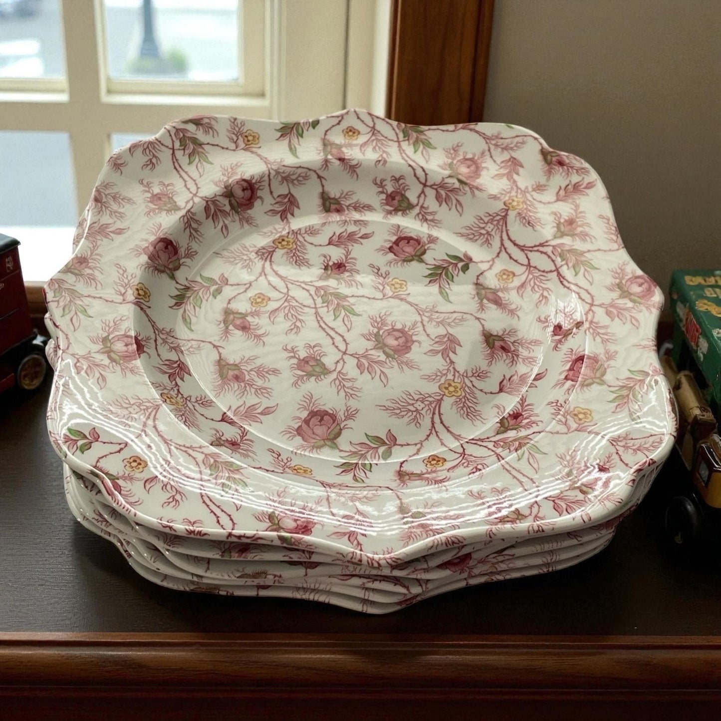Set of 6 Spode 9" Floral Square Plates • Vintage Pink Rose Scalloped Edge English China