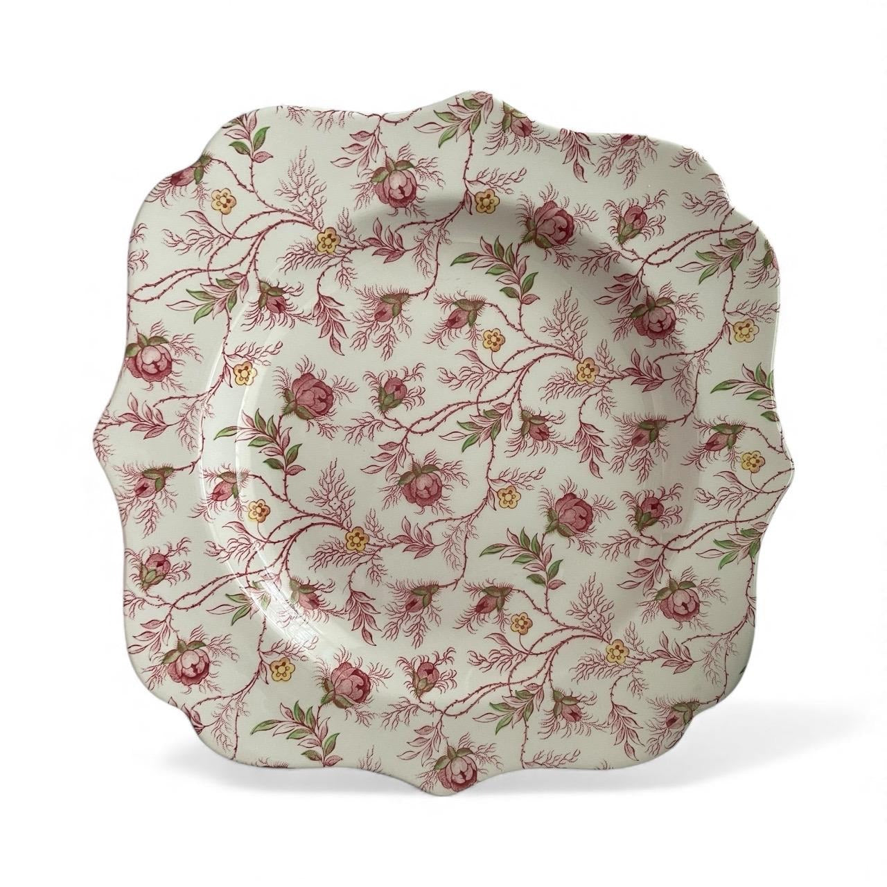 Set of 6 Spode 9" Floral Square Plates • Vintage Pink Rose Scalloped Edge English China