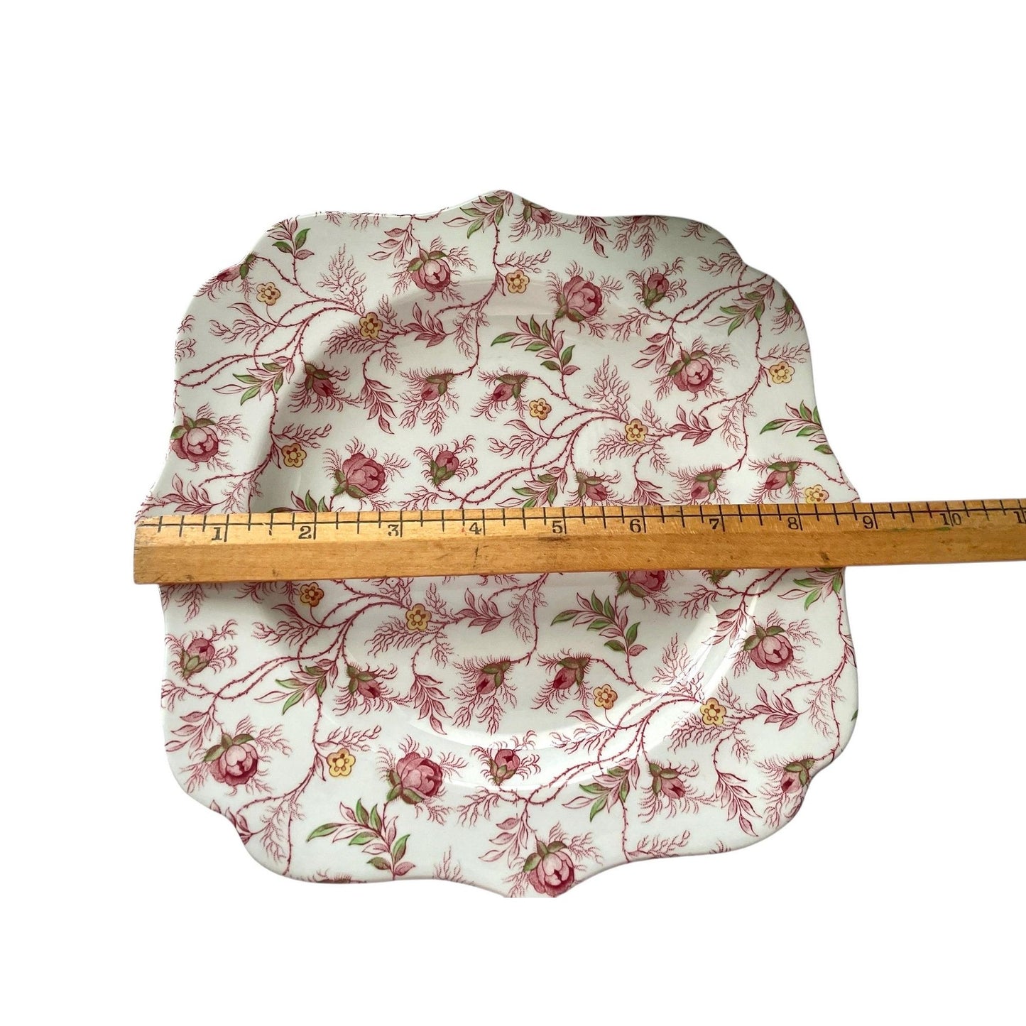 Set of 6 Spode 9" Floral Square Plates • Vintage Pink Rose Scalloped Edge English China