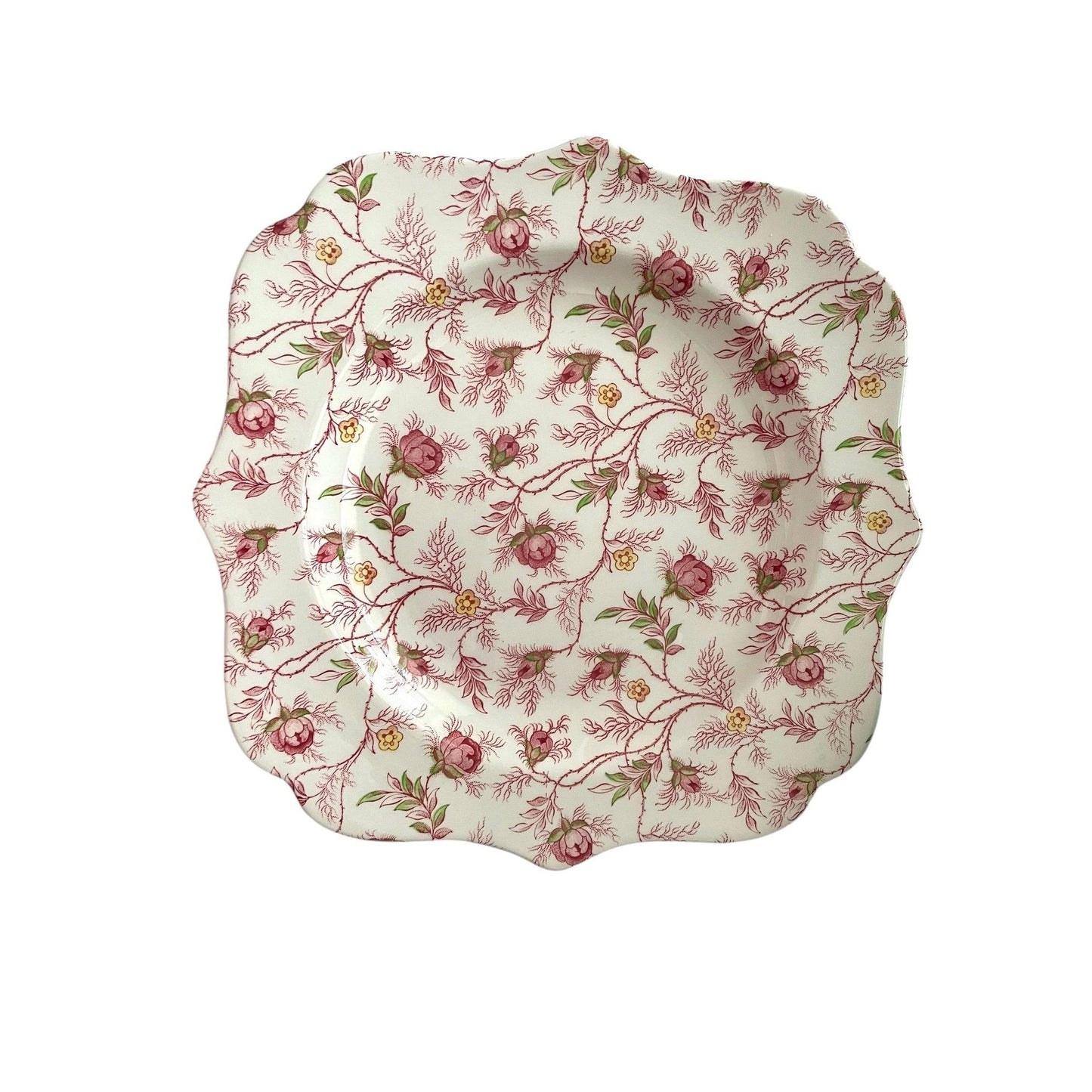 Set of 6 Spode 9" Floral Square Plates • Vintage Pink Rose Scalloped Edge English China