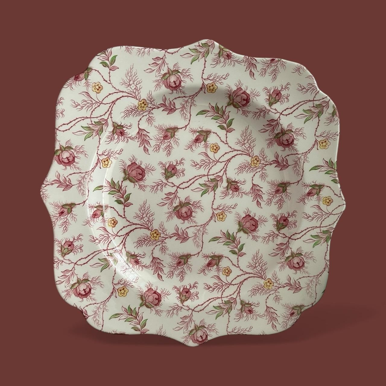 Set of 6 Spode 9" Floral Square Plates • Vintage Pink Rose Scalloped Edge English China