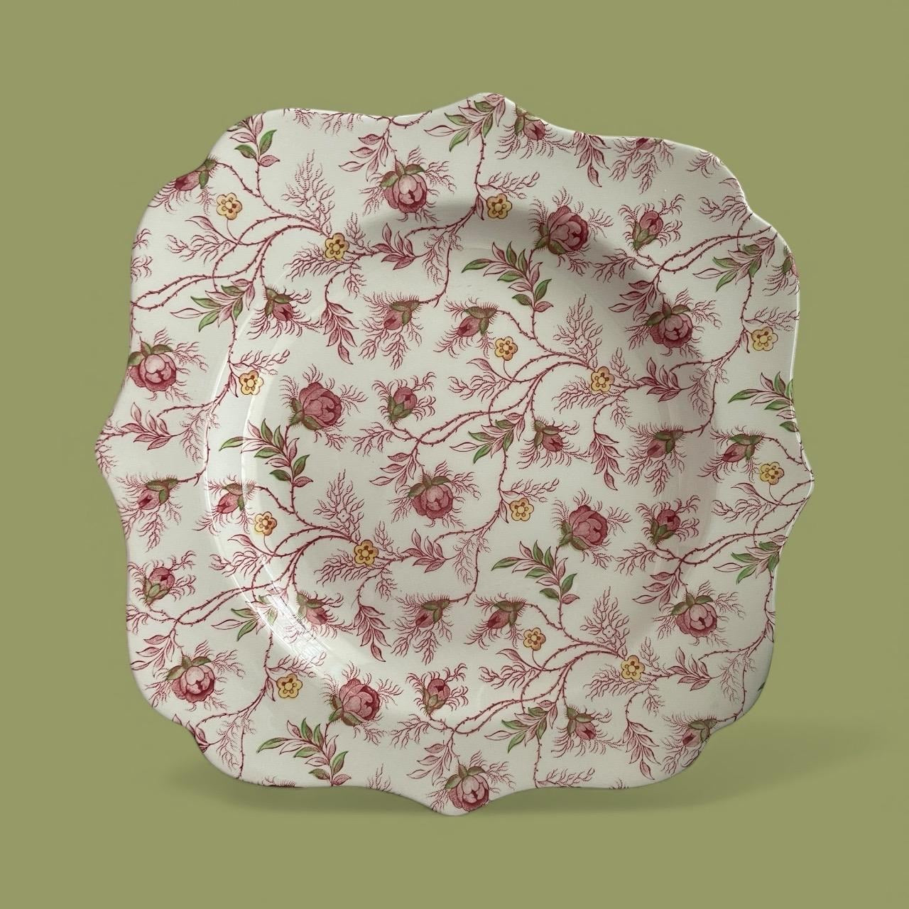 Set of 6 Spode 9" Floral Square Plates • Vintage Pink Rose Scalloped Edge English China