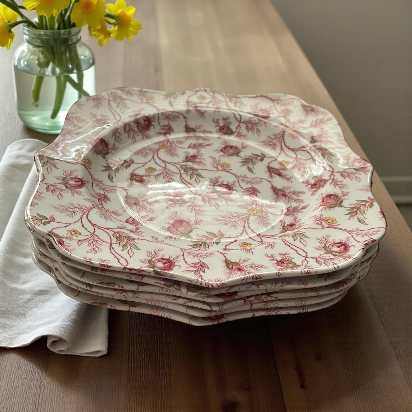 Set of 6 Spode 9" Floral Square Plates • Vintage Pink Rose Scalloped Edge English China