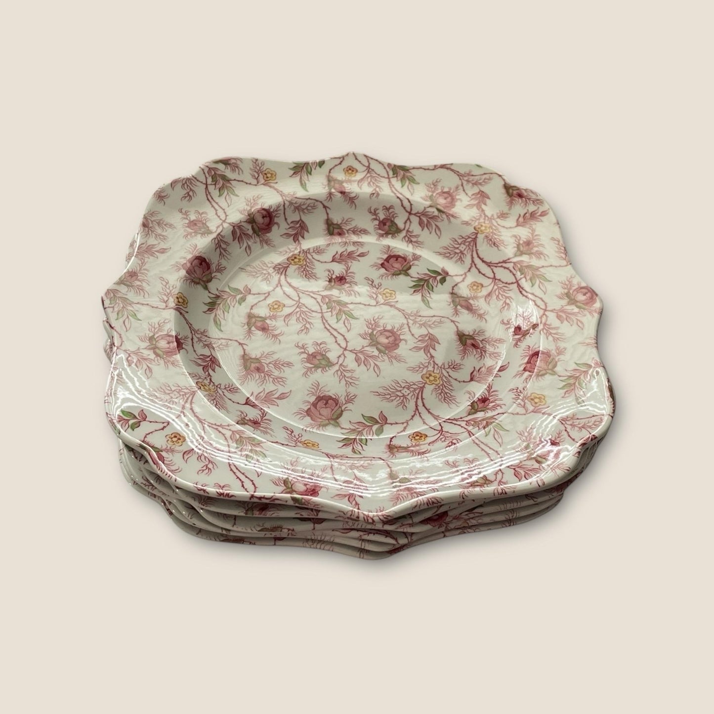 Set of 6 Spode 9" Floral Square Plates • Vintage Pink Rose Scalloped Edge English China