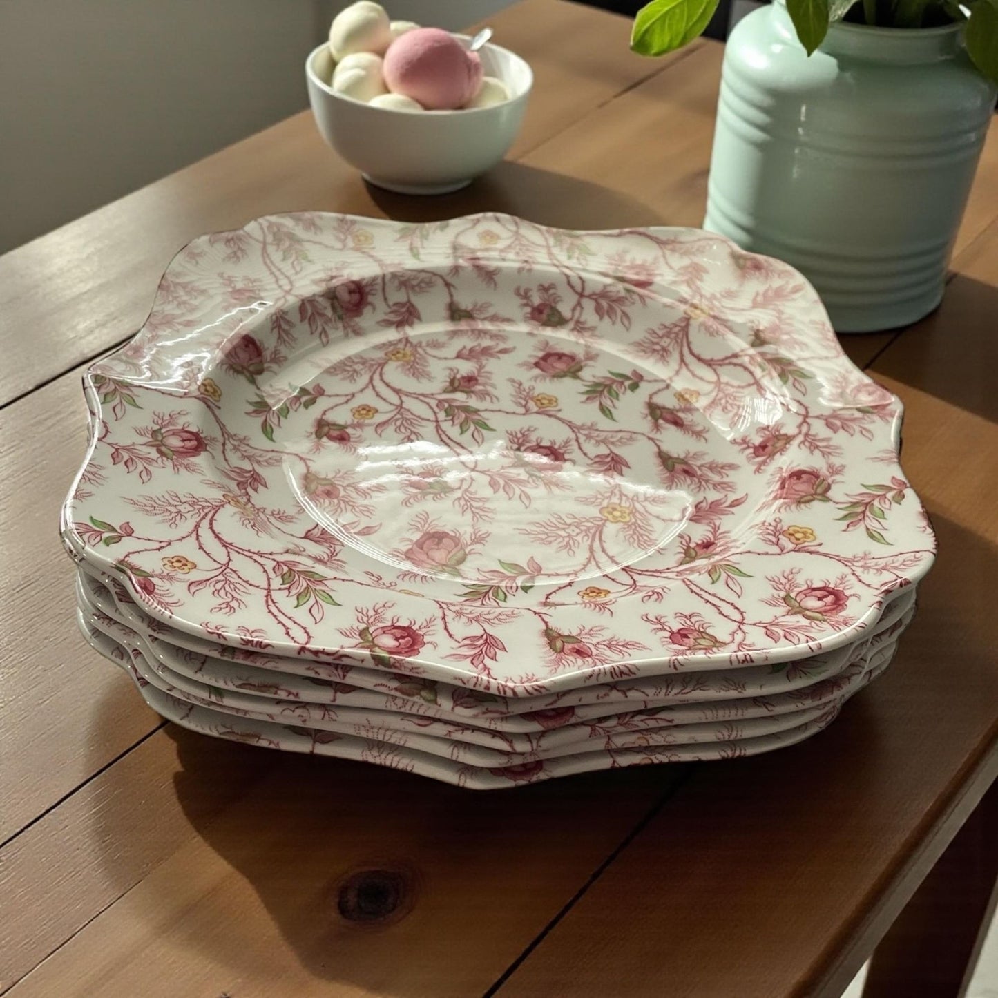 Set of 6 Spode 9" Floral Square Plates • Vintage Pink Rose Scalloped Edge English China