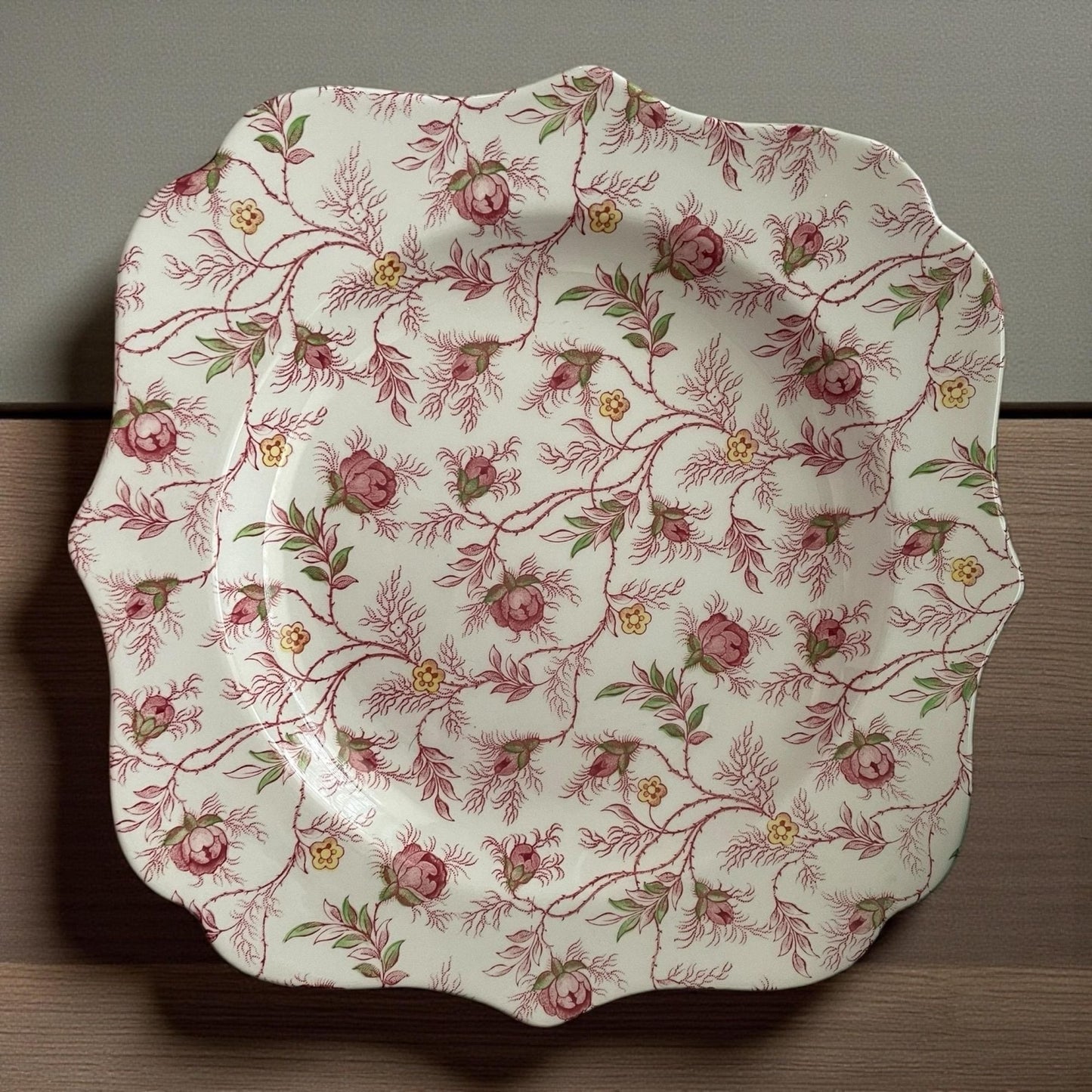 Set of 6 Spode 9" Floral Square Plates • Vintage Pink Rose Scalloped Edge English China