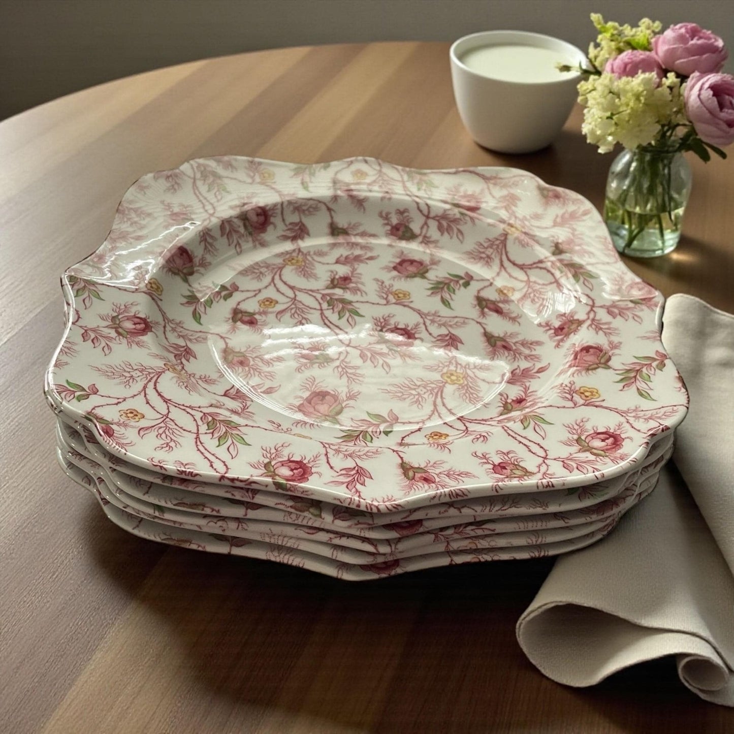 Set of 6 Spode 9" Floral Square Plates • Vintage Pink Rose Scalloped Edge English China