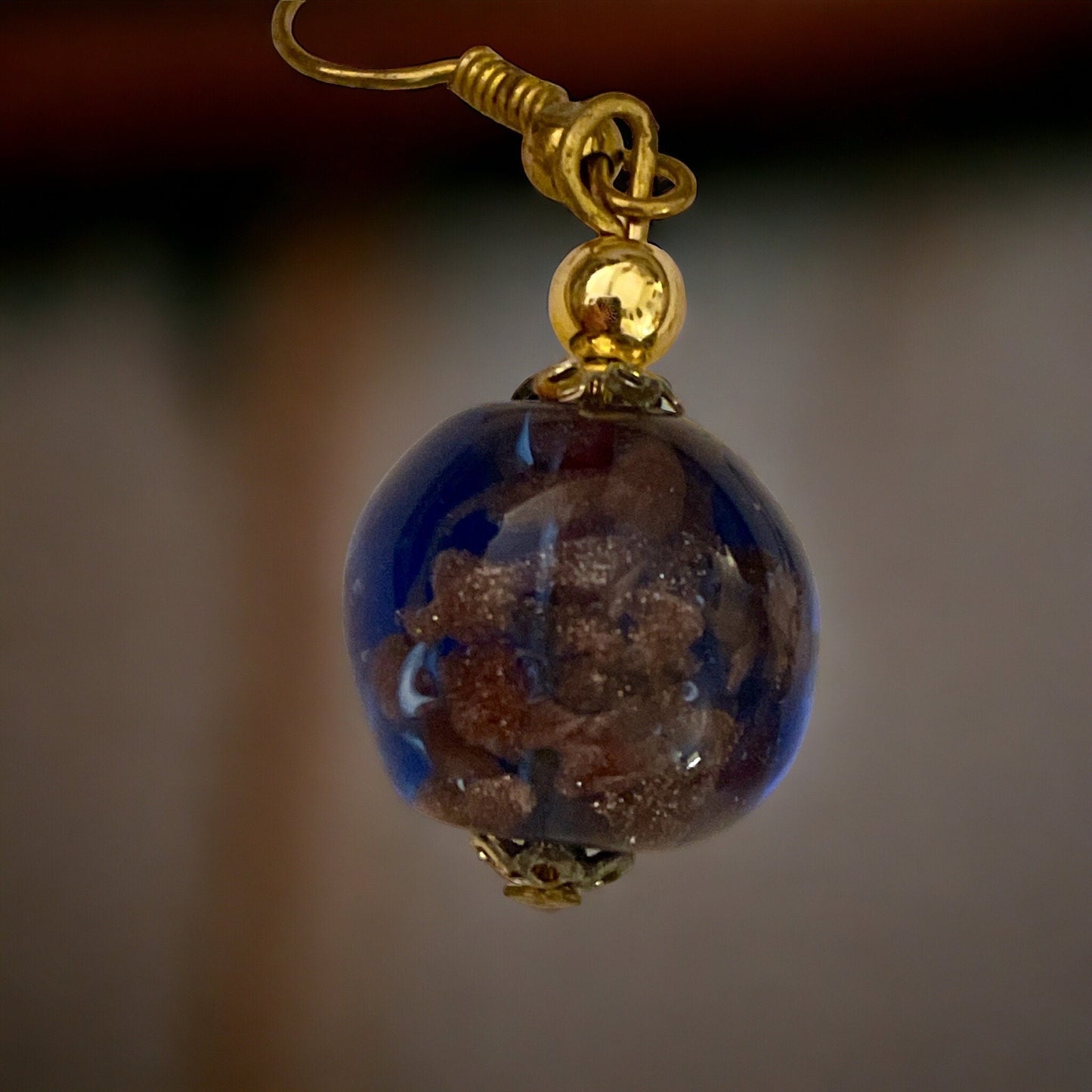 Blue and gold speckled glass vintage dangle earrings
