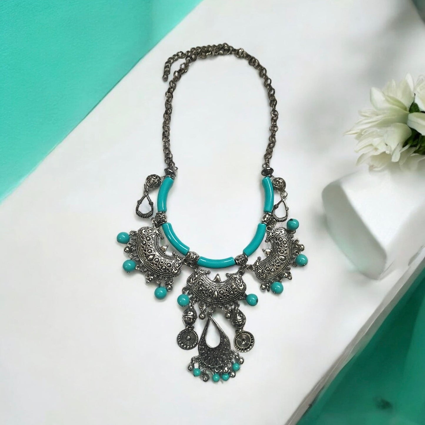 Exotic Indian style necklace with turquoise beaded balls/tubes and ornate silver trim