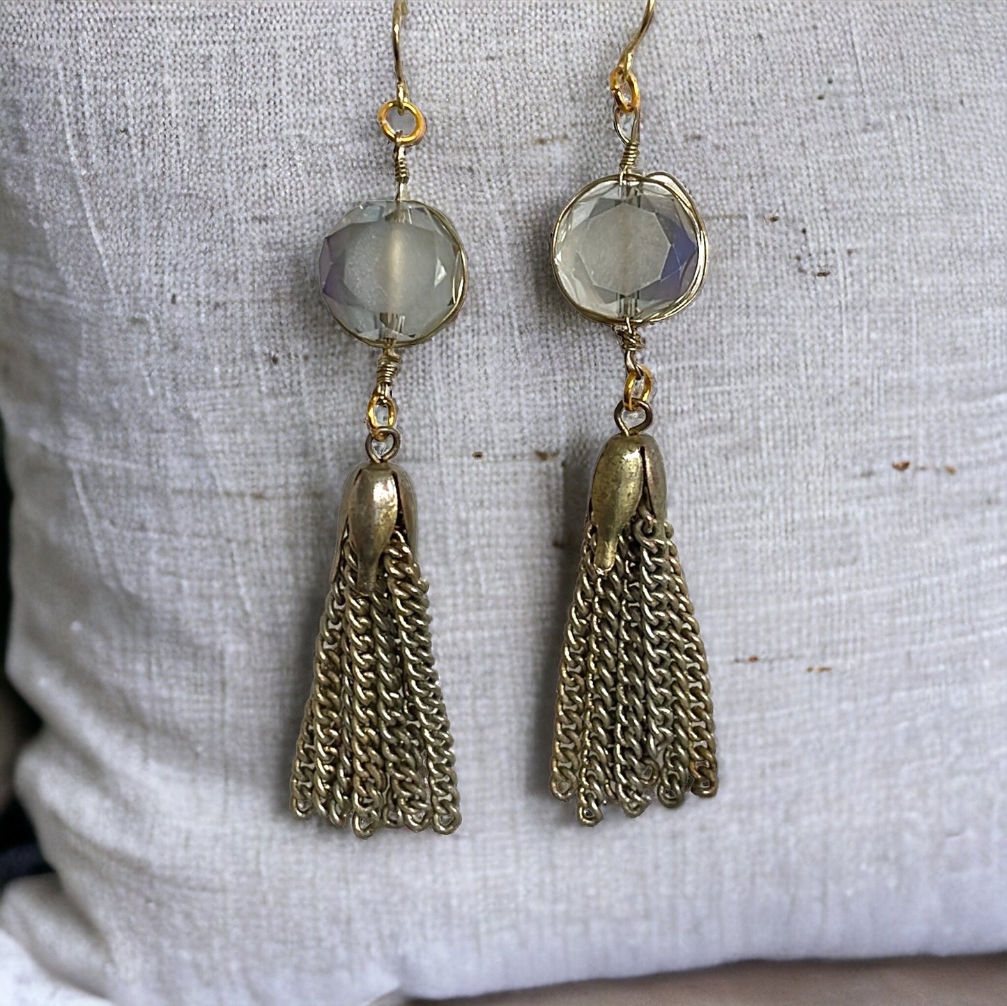 Beveled silvery blue glass and metal tassel handmade earrings