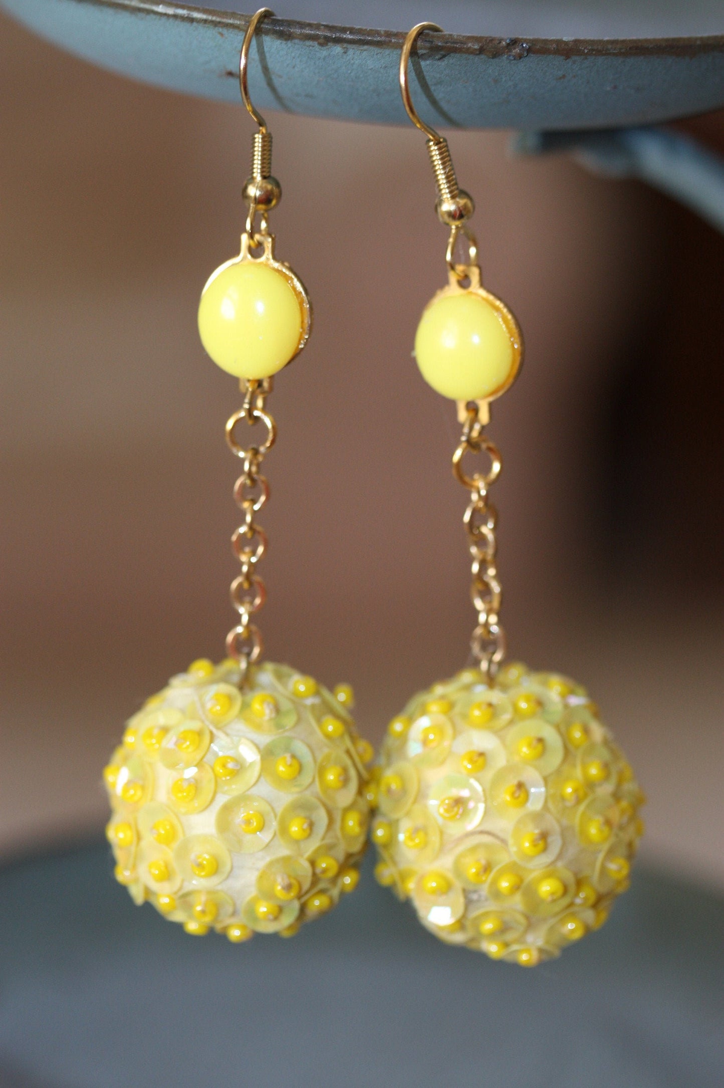 Upcycled yellow sequined ball drop earrings
