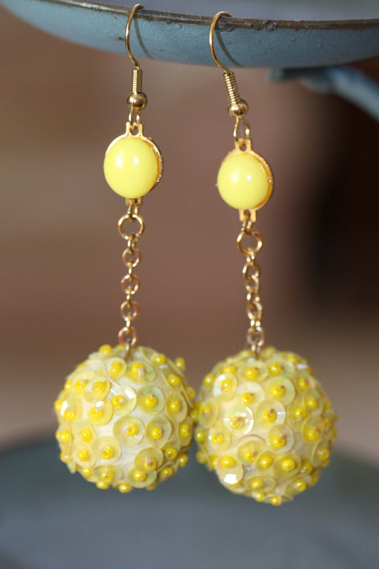 Upcycled yellow sequined ball drop earrings