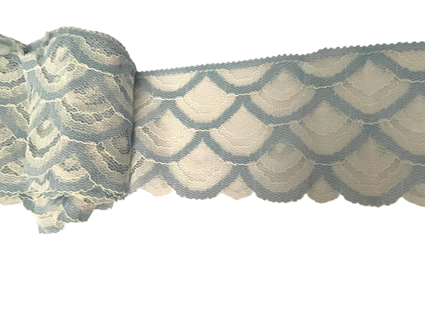 Vintage wide scalloped blue and creamy white lace trim - 3" wide - priced per yard