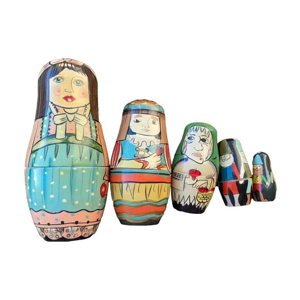 Set of five vintage handmade, hand signed Matryoshka stacking nesting Dolls