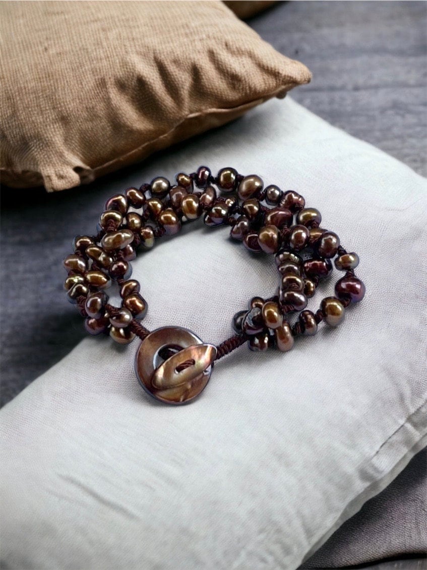 Stunning bronze pearl vintage bracelet - three strands of freshwater pearls