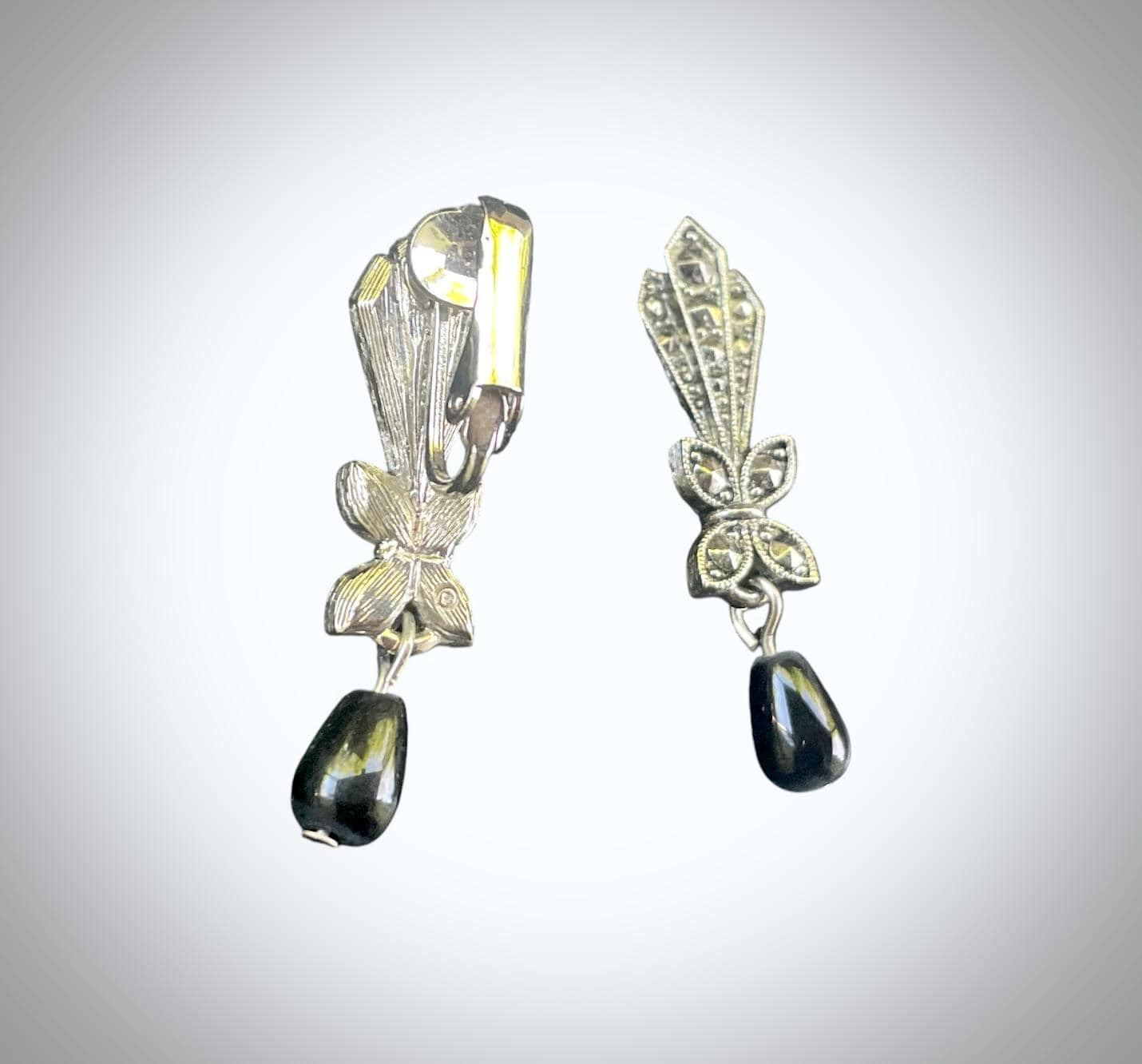 Vintage Art Deco Style Clip-On Earrings with Black Teardrop Dangles | Silver Tone Rhinestones | 1.5" Long