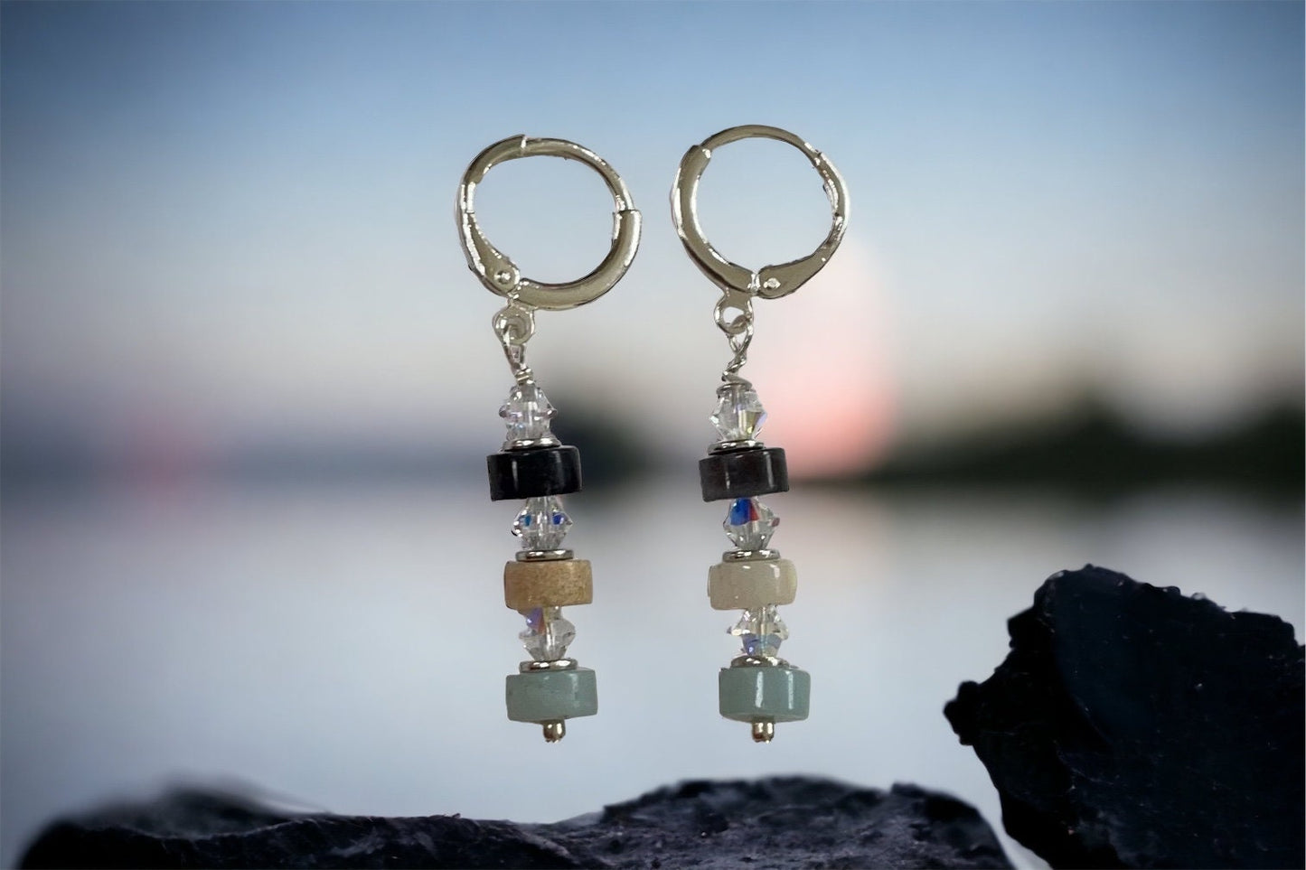 Handmade dangle earrings - turquoise, cream and black stone interspersed with Swarovski crystals - huggie ear wires