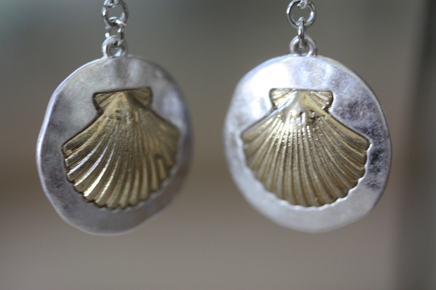 Handmade earrings made with upcycled / repurposed vintage Silver tone and gold tone seashell dangles