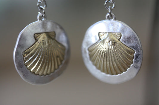 Handmade earrings made with upcycled / repurposed vintage Silver tone and gold tone seashell dangles