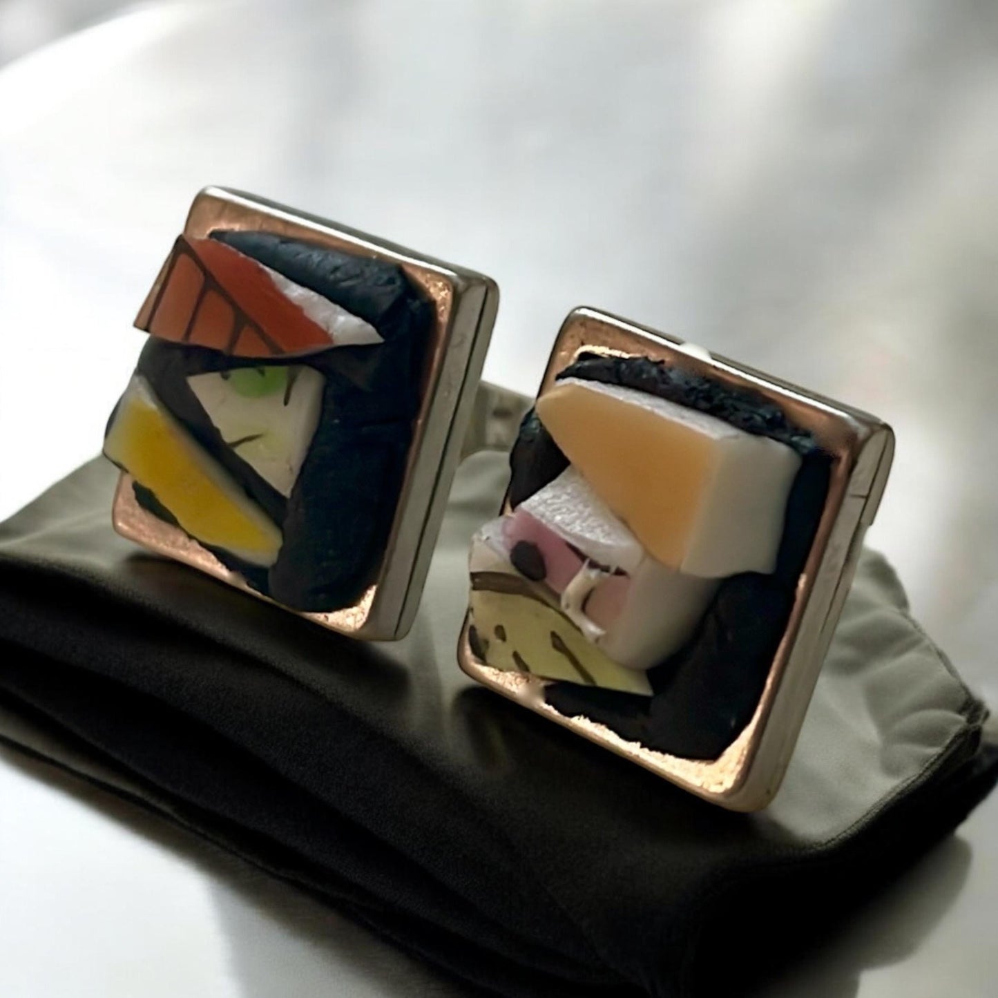 Handmade Mosaic Square Stud Earrings - Vintage Dish Abstract Design