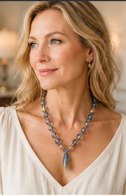 Vintage Artisan Crystal & Freshwater Pearl Necklace | Blue AB Crystal Teardrop Pendant | Elegant 18" Statement Necklace