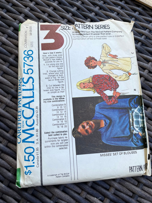UNCUT Vintage Sewing Pattern from 1977 McCalls Pattern 5736 Blouses Pullover Long Sleeve Ties Plus Size 16 18 20