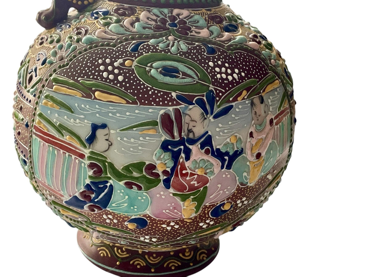 Antique Japanese Satsuma Moriage Pitcher | Hand Painted Figural Ewer Vase | Raised Enamel Gold Gilt | Meiji Style Art Pottery
