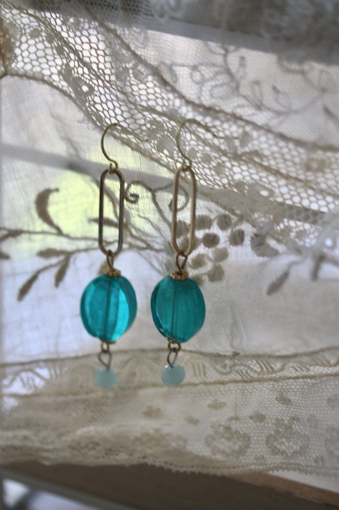 Turquoise glass and gold metal drop earrings