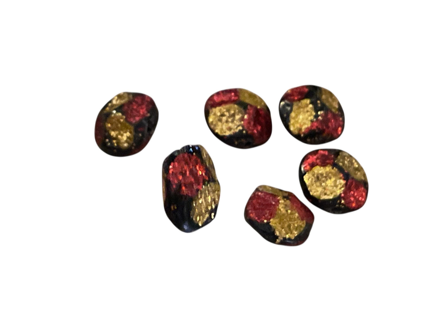 Vintage Red & Gold Glitter on uniquely shaped black Beads – for Jewelry Making