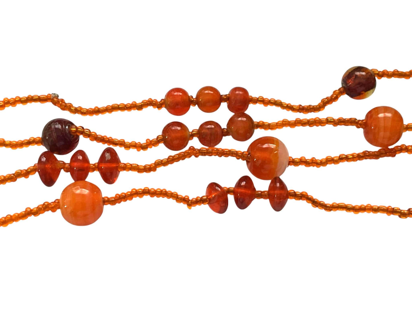 Vintage Orange Glass Bead Necklace – Long 3 Strand Beaded Statement Necklace – Amber Tone Layered Retro Jewelry