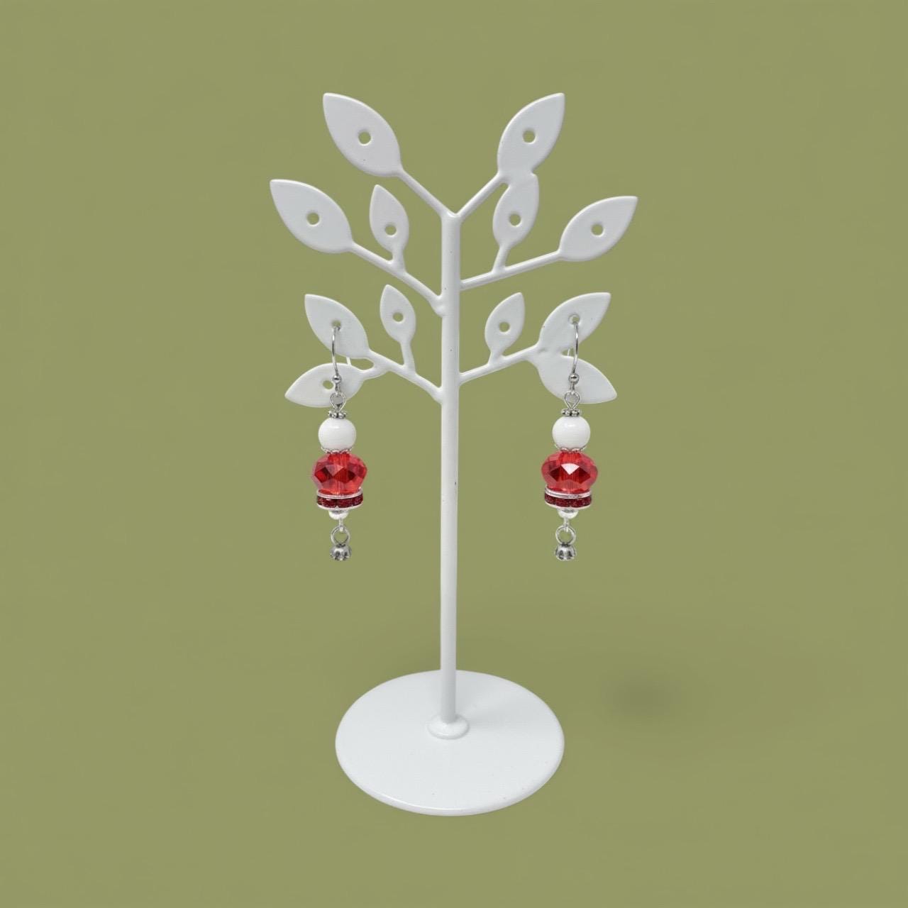 Handmade Red Crystal & White Bead Dangle Christmas Earrings – Sparkly Drop Earrings, Lightweight Beaded Jewelry