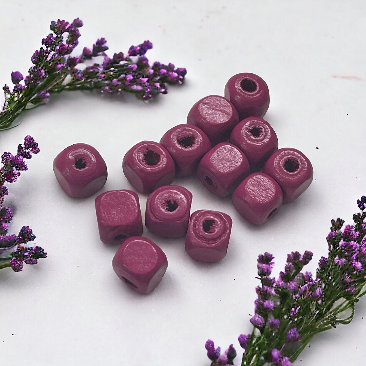 One dozen small cube square purple wood vintage beads - approx. 8 mm each