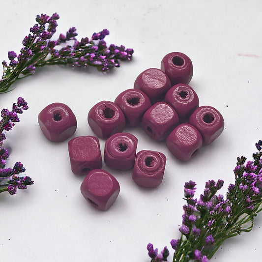 One dozen small cube square purple wood vintage beads - approx. 8 mm each