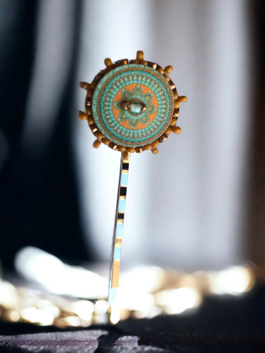 Handmade beadwork hair pin - vintage wood floral base, with beadwork