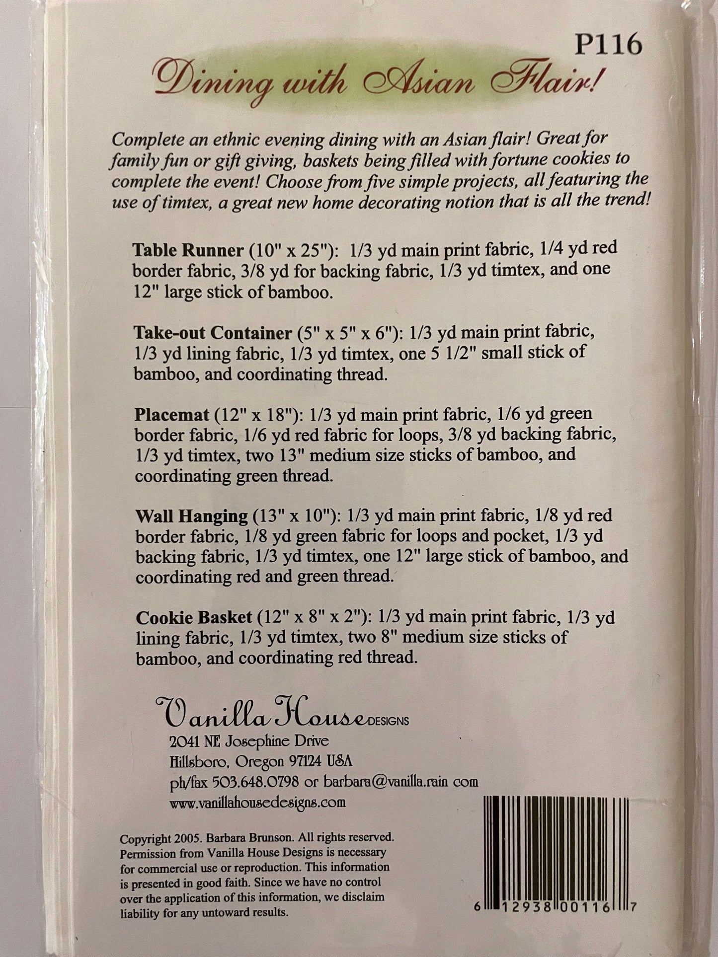 UNCUT Sewing Pattern - Table runner, take out container, placemats, wall hanging and cookie basket - Vanilla House Designs with Asian Flair