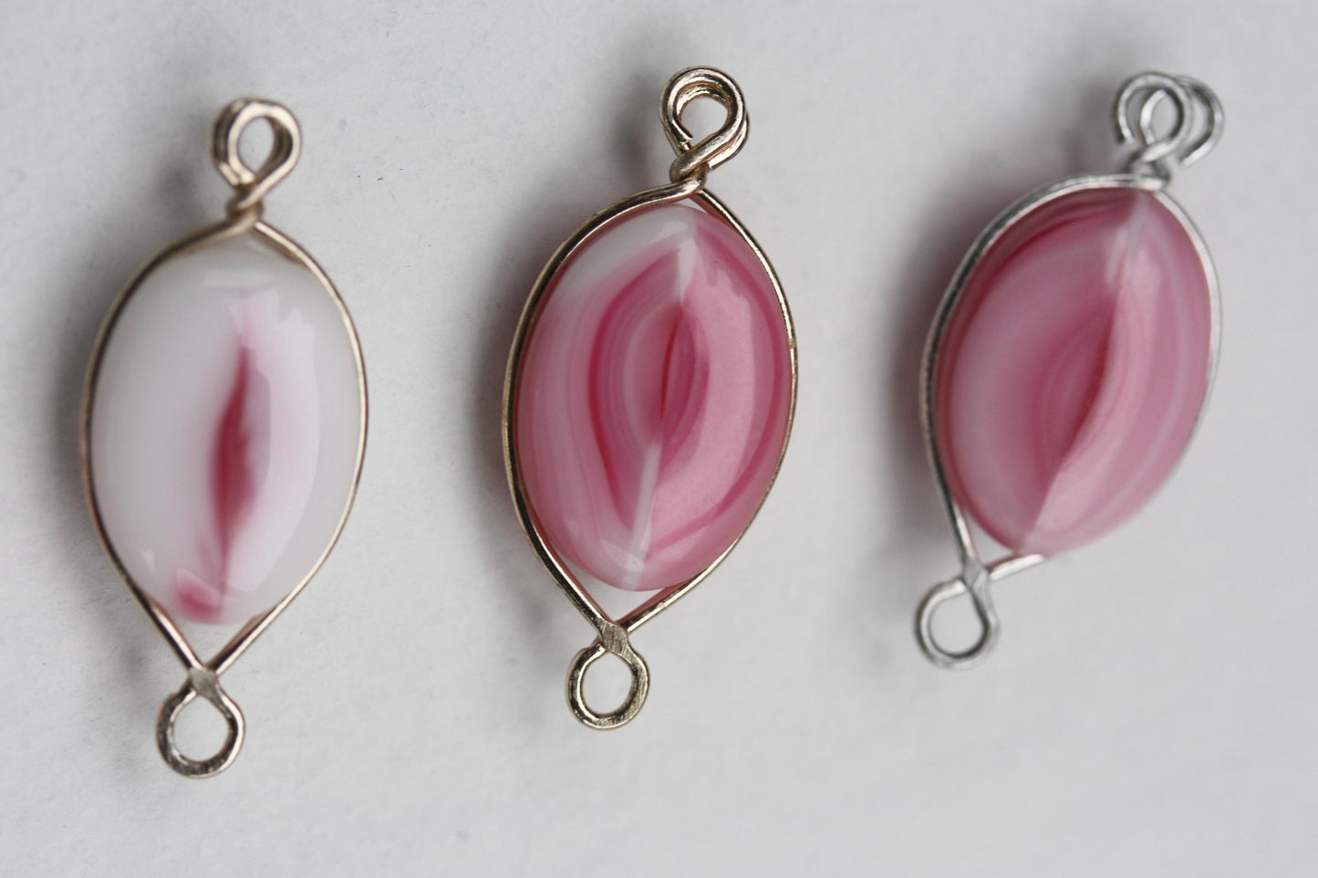 Unique pink and white swirled art glass beads - with wires