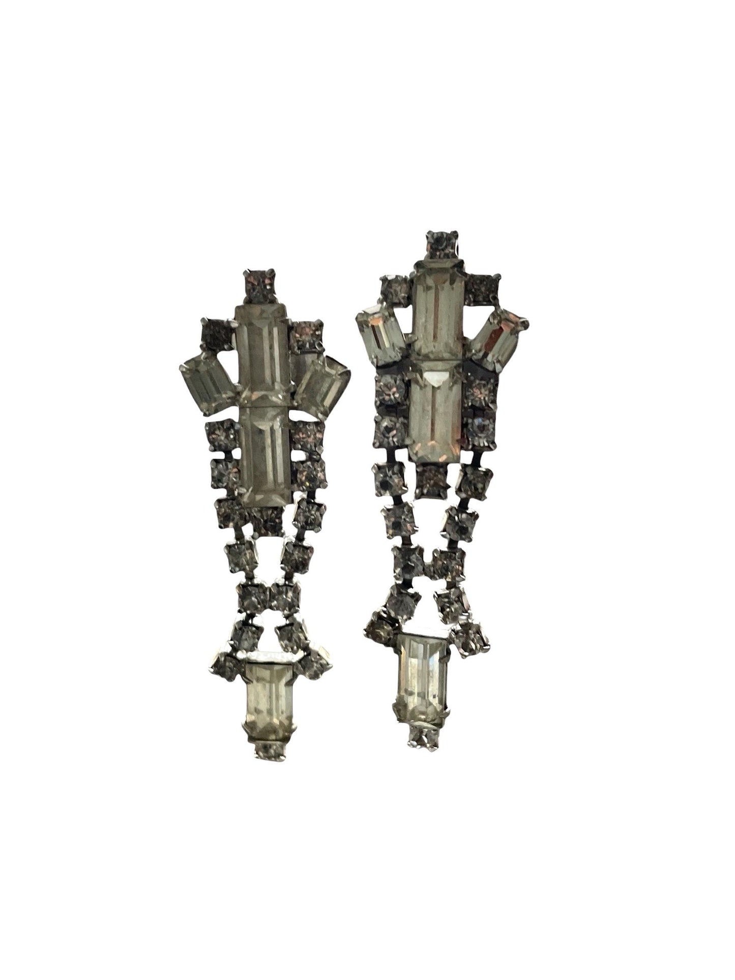 Vintage Rhinestone Clip On Earrings | Clear Baguette & Round Rhinestones | Art Deco Style Statement Earrings | Silver Tone