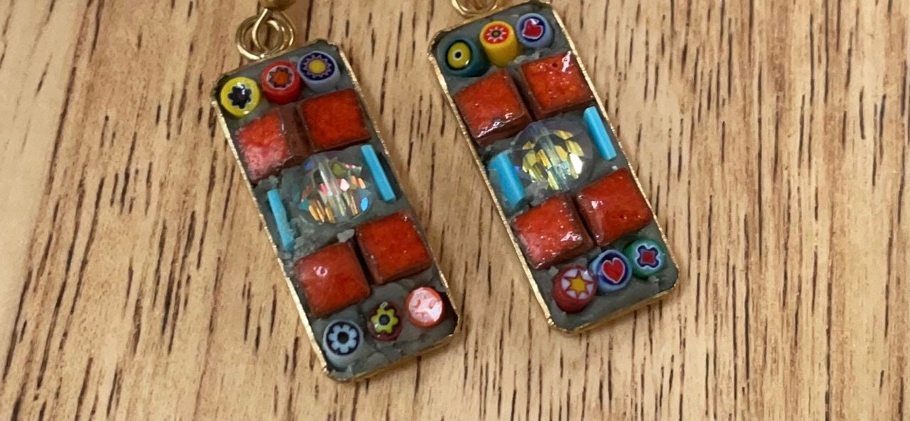 Small handmade micro mosaic glass and tile earrings with vintage crystal center and tiny strips of hand cut blue glass