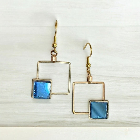 Unique geometric dangle earrings with blue mirrors