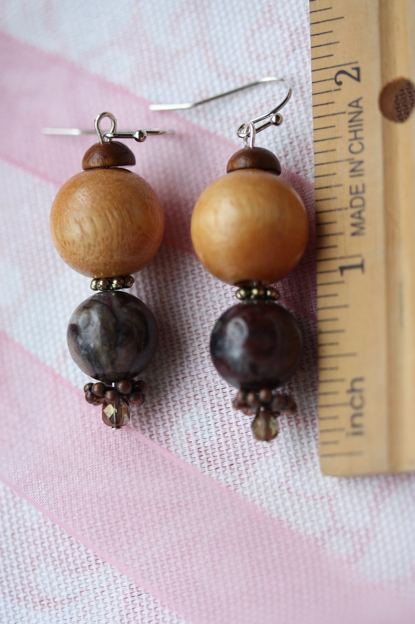 Marble and wood beaded handmade dangle earrings with vintage, upcycled and new elements