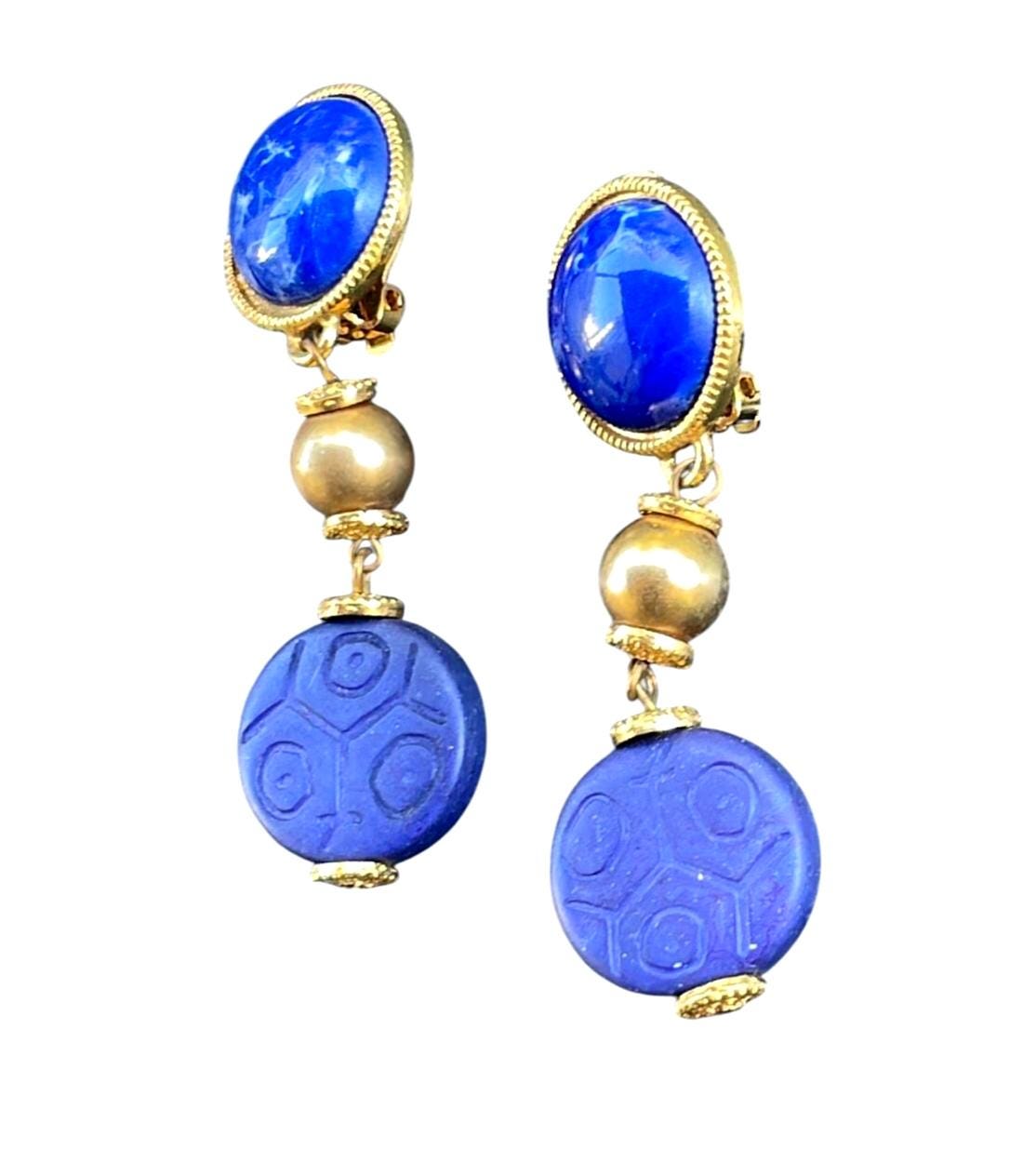 Vintage Cobalt Blue Clip On Statement Earrings | Gold Tone Dangle Earrings | Bold 1980s Fashion Jewelry | 2.5 Inch Earrings