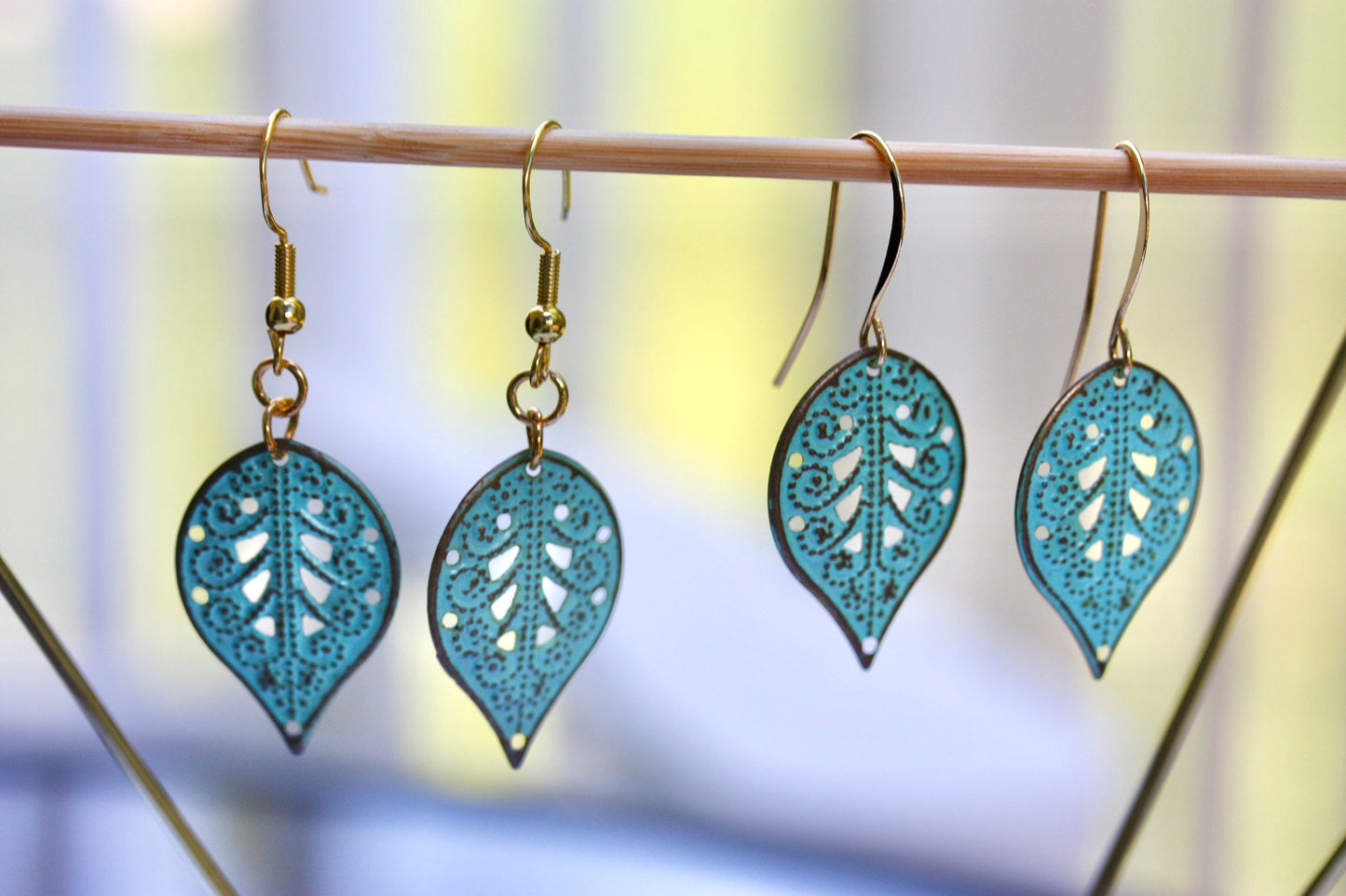 Turquoise patina upcycled dangle leaf earrings