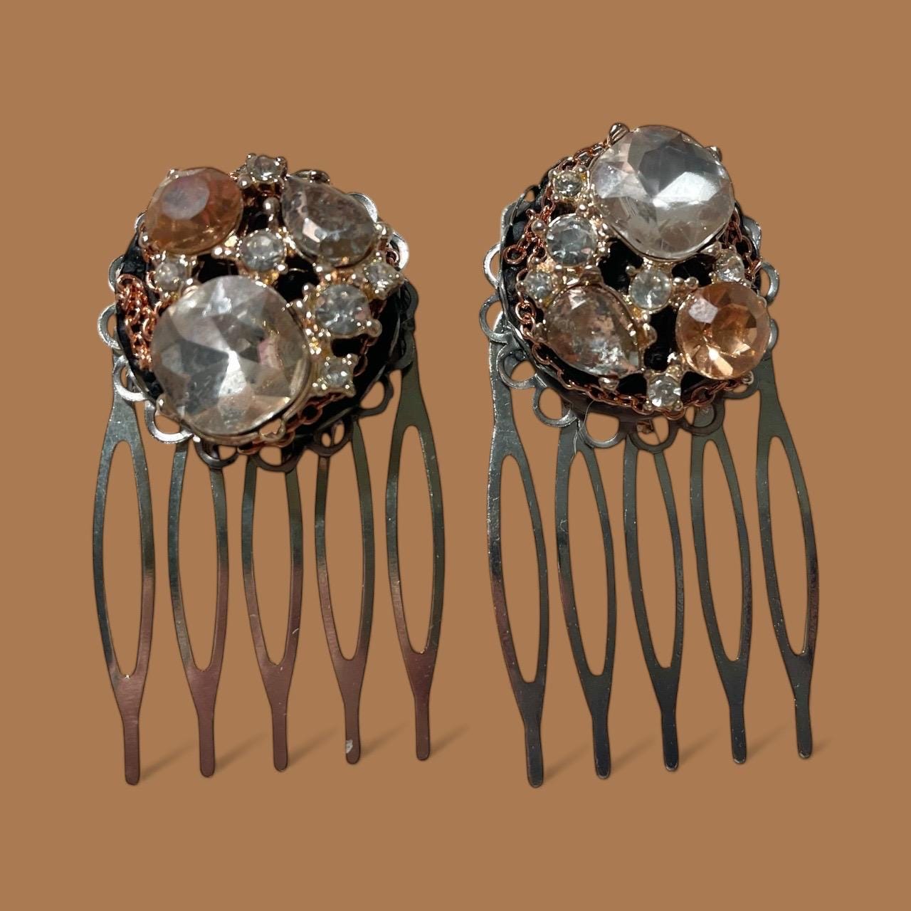 Handmade Jeweled Hair Combs – Vintage-Inspired Champagne and clear rhinestone Hair Accessories, Bridal or Evening Hairpiece (Set of 2)