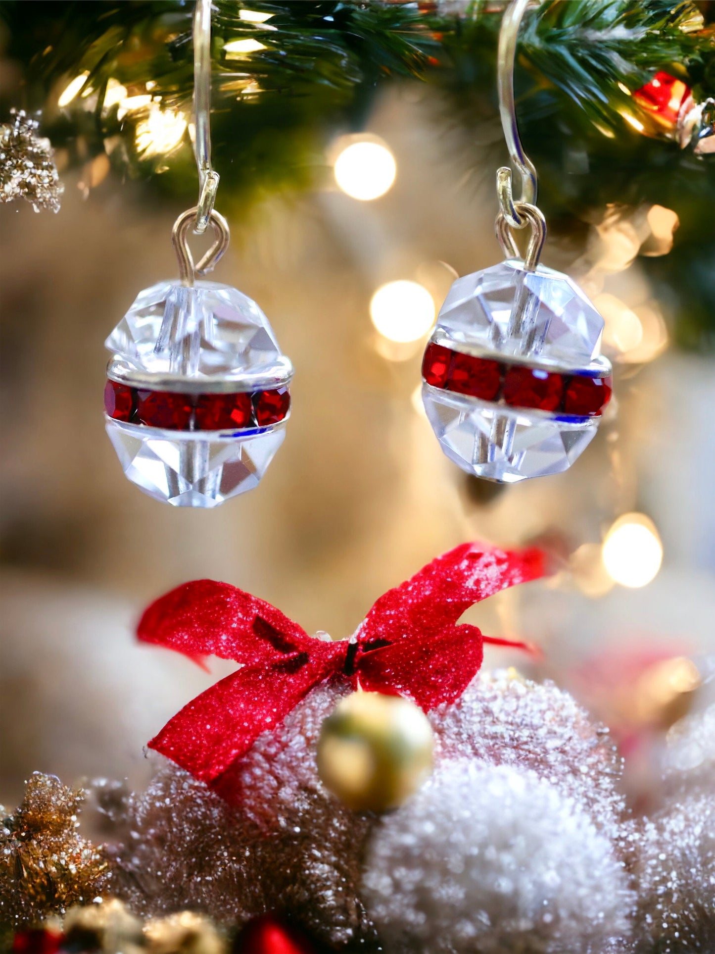 Handmade crystal Christmas ball earrings - made with uniquely domed vintage glass crystal and red rhinestone rondelles
