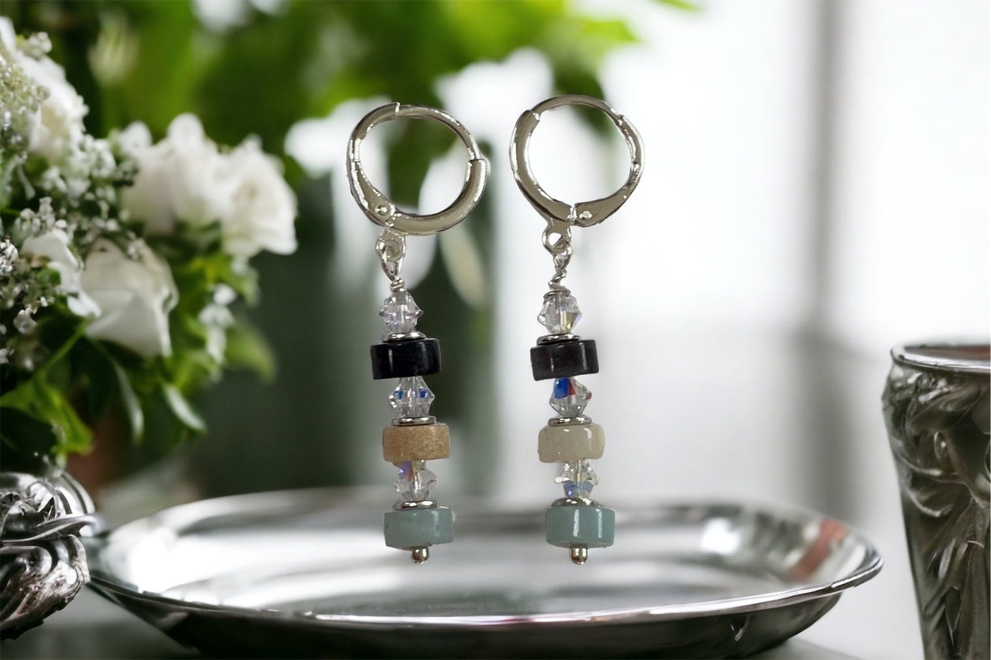 Handmade dangle earrings - turquoise, cream and black stone interspersed with Swarovski crystals - huggie ear wires